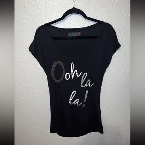 G by GUESS Black Ooh La La Open Back Top Sz M Shirt Silver Foil Studded